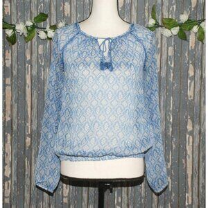 Lucky Brand Blue Ladies Blouse Size XS Sheer Long Sleeves Tie Up Neck Tassels